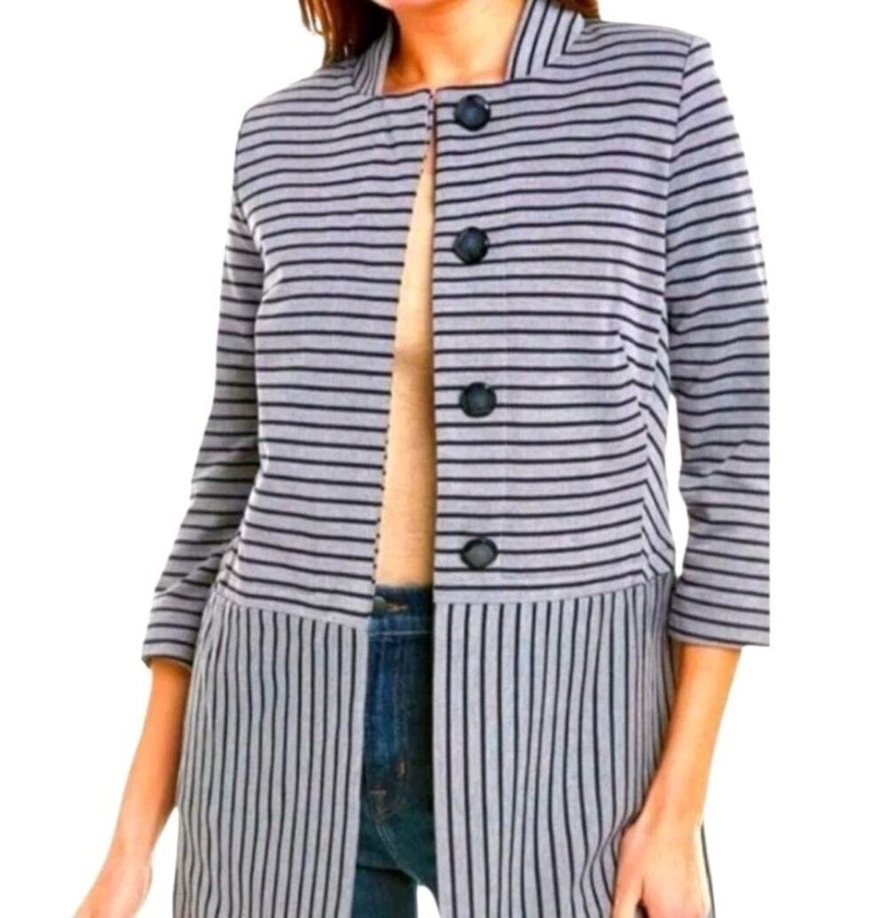 Cabi #5474 Dappled Striped Topper Coat Womens Sz L Collarless Knit Blazer Button